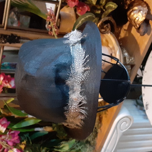 Lauren Ralph Lauren Black Feather Trimmed Fedora Hat Cap Size Medium - Picture 2 of 6